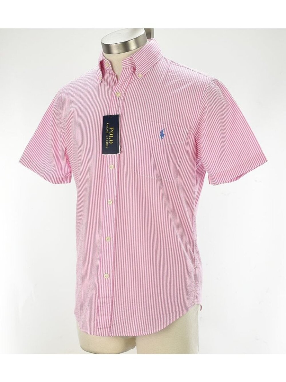 POLO RALPH LAUREN Pink STRIPE RL Untucked Fit Cotton Seersucker Shirt SMALL NWT